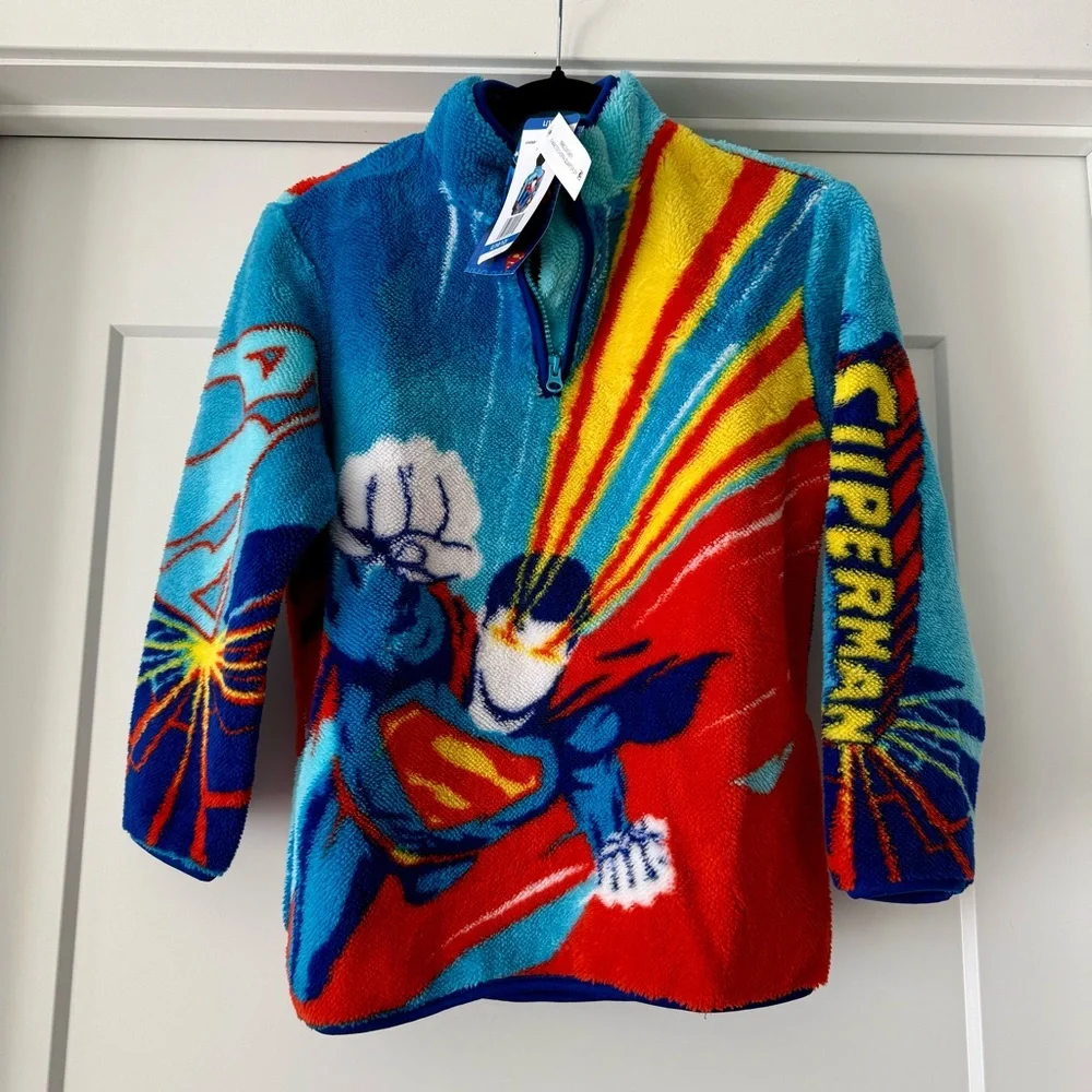 NWT-Boys Superman Sherpa Quarter Zip w/ Pockets Sz L (10/12) Cozy Warm - Picture 1 of 11